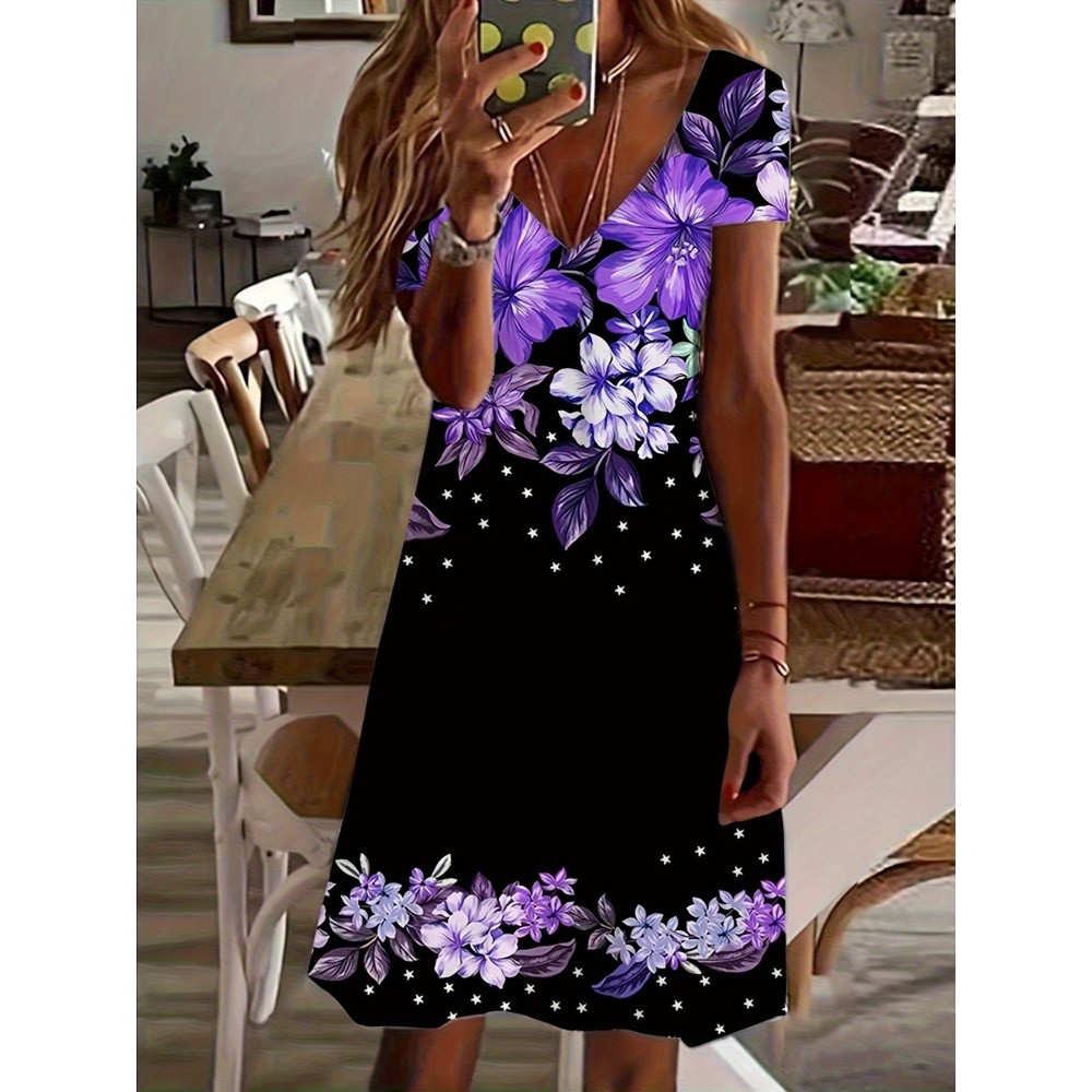 Women'S Plus Size Floral Print V-Neck Mini Dress - Casual Colorblock Design with Short Sleeves, Stretchy Polyester Blend, Perfect for Spring & Summer Outings, Floral Print Dress