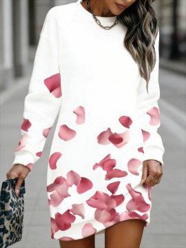 Plus Size Women'S Autumn Winter Hoodie Bodycon Dress | White Base with Pink Rose Petal Scattered Pattern, Sweet Romantic Style, Slim Fit, Long Sleeve, Pullover, Midi Length, Crew Neck, Casual Date Versatile Comfortable