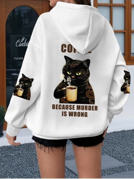Plus Size Women'S Oversized Hoodie with Whimsical Cat & Coffee Print - Lightweight Pullover, with Golden Lettering & Cat Design, Kangaroo Pocket & Drawstring Hood, Machine Washable Casual Sweatshirt for Casual Attire, Cozy All-Season (Cat Lovers Gif