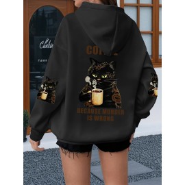Plus Size Women'S Oversized Hoodie with Whimsical Cat & Coffee Print - Lightweight Pullover, with Golden Lettering & Cat Design, Kangaroo Pocket & Drawstring Hood, Machine Washable Casual Sweatshirt for Casual Attire, Cozy All-Season (Cat Lovers Gif