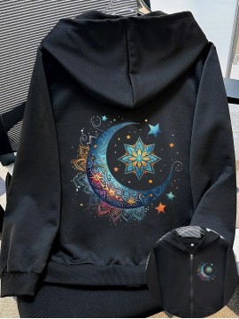 Women'S Light Pink Celestial Night Sky Hooded Jacket - Stretch All-Season Coat with Moon & Stars Back Print, Bohemian-Inspired Design, Machine Washable Casual Outerwear, Drawstring Hood & Long Sleeves for Everyday to Special Occasions (No Belt Requi