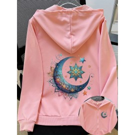 Women'S Light Pink Celestial Night Sky Hooded Jacket - Stretch All-Season Coat with Moon & Stars Back Print, Bohemian-Inspired Design, Machine Washable Casual Outerwear, Drawstring Hood & Long Sleeves for Everyday to Special Occasions (No Belt Requi