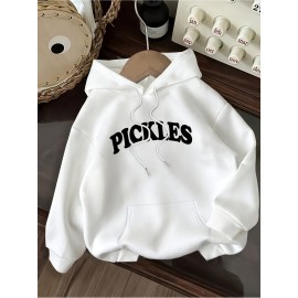 Women's Pink Oversized Hoodie with Pickle Print & Cucumber Dill Pickles Lettering - Cute Casual Sweatshirt, Kangaroo Pocket, Drawstring Hood, All-Season Loose Fit (Machine Washable) - Pickles-Themed Outfit