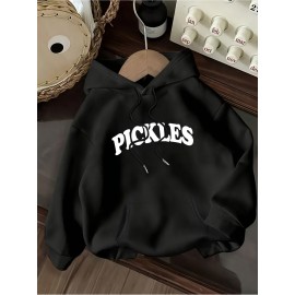 Women's Pink Oversized Hoodie with Pickle Print & Cucumber Dill Pickles Lettering - Cute Casual Sweatshirt, Kangaroo Pocket, Drawstring Hood, All-Season Loose Fit (Machine Washable) - Pickles-Themed Outfit