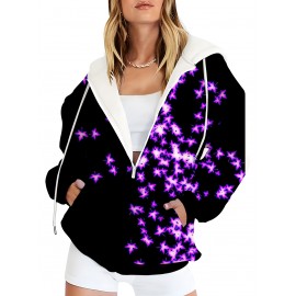 Plus Size Women'S Hooded Sweatshirt with Zipper | Solid Black with Fluorescent Maple Leaf Print, Soft Casual Long Sleeve Drawstring Jacket with Pockets - Women'S Fashion Sports Casual Wear