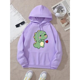 Women'S Cute Green Dinosaur & Heart Print Hoodie - Soft Long Sleeve Sweatshirt with Drawstring Hood, Cozy Casual Pullover for Autumn Winter, Cute Dinosaur Pocket Design, Regular Fit Casual Attire (Pastel Colors Available)