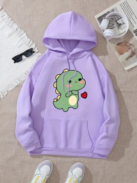 Women'S Cute Green Dinosaur & Heart Print Hoodie - Soft Long Sleeve Sweatshirt with Drawstring Hood, Cozy Casual Pullover for Autumn Winter, Cute Dinosaur Pocket Design, Regular Fit Casual Attire (Pastel Colors Available)