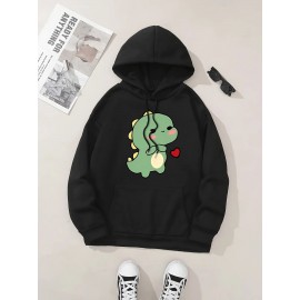 Women'S Cute Green Dinosaur & Heart Print Hoodie - Soft Long Sleeve Sweatshirt with Drawstring Hood, Cozy Casual Pullover for Autumn Winter, Cute Dinosaur Pocket Design, Regular Fit Casual Attire (Pastel Colors Available)