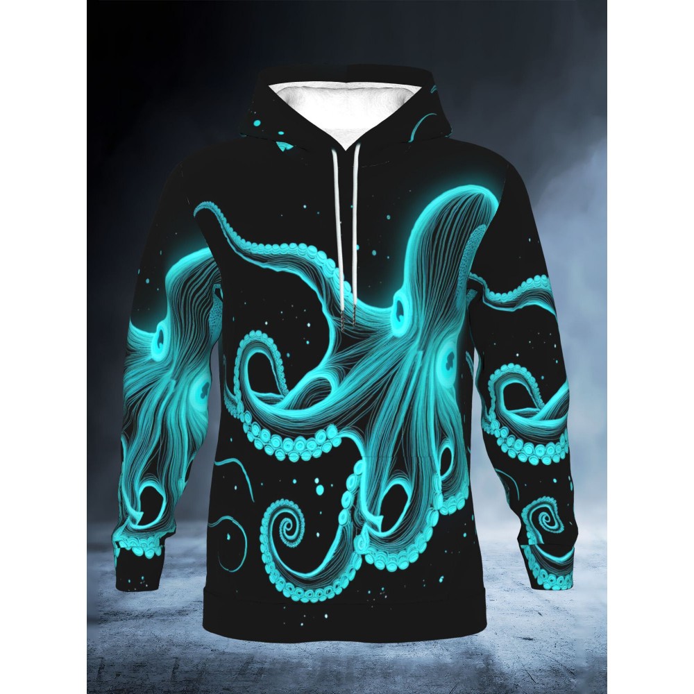 Men'S & Women'S 3D Glowing Neon Green & Octopus Tentacle Print Christmas Hooded Sweatshirt - Slim-Fit Long Sleeve Pullover with Pocket, Glowing Eyes, Soft Warm Fabric for Halloween & Xmas Parties, Casual Winter Sweater (Unisex Adult Sizes) - Ideal B