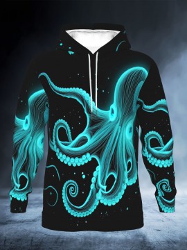 Men'S & Women'S 3D Glowing Neon Green & Octopus Tentacle Print Christmas Hooded Sweatshirt - Slim-Fit Long Sleeve Pullover with Pocket, Glowing Eyes, Soft Warm Fabric for Halloween & Xmas Parties, Casual Winter Sweater (Unisex Adult Sizes) - Ideal B