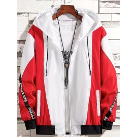Men'S Color Block Hooded Trench Coat with Red/ Contrast Sleeves & Body - Casual Modern Jacket, Geometric Pattern, Regular Fit, Adjustable Hood & Zipper Closure, Versatile Outerwear for Teens & Young Adults, All-Season Durable Coat