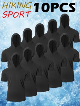 10-Pack Men'S Storm-Ready Hooded Tees | PolyMicro Mesh Tech, Crew Neck, Breathable Performance Shirts for Gym, Running, Hiking - Moisture-Wicking