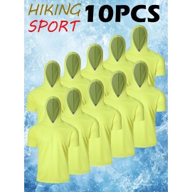 10-Pack Men'S Storm-Ready Hooded Tees | PolyMicro Mesh Tech, Crew Neck, Breathable Performance Shirts for Gym, Running, Hiking - Moisture-Wicking