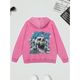 Men's Heavyweight 400gsm Washable Cotton Hoodie - Y2K Gothic Streetwear Sweatshirt with Skull & Chains Print, Grey/Black Oversized Pocket Pullover, Machine Washable Long Sleeve Hooded Sweater for Spring/Fall Casual Wear