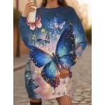 Plus Size Women's Winter 3D Butterfly Print Sweatshirt - Oversized Full-Body Blue & Pink Butterfly Pattern with Sparkling Wing Details, Machine Washable Casual Crewneck Pullover Sweater for Fall/Winter Warmth (Pink/Blue/Golden)