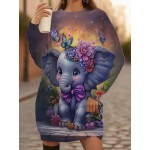 Women's Plus Size 3D Elephant & Floral Sweater Dress - Cozy Long Sleeve Winter Pullover, Soft Warm Full-Body Print Sweathdress for Casual Attire & Special Occasions, Machine Washable (Plus Size Long Dresses)