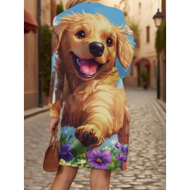 Plus Size Women'S 3D Printed Golden Retriever Puppy & Floral Sweatshirt - All-Over Print Cozy Winter Warm Pullover, Loose H-Line Fit Crew Neck Sweater with Cute Dog Lover Design, Machine Washable Casual Sweater for Fall/Winter Outfits