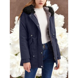 Women'S Solid Color Mid Length Hooded Winter Warm Plus Fleece Coat | Plus Size XL-5XL Windbreakers for Female, Casual Style with Zipper Front, Long Sleeve, Hooded, Non-Stretch Fabric for Outdoor Travel, Commuting, Everyday Jackets, Parka, Cardigan