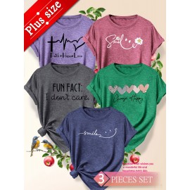 5pcs Plus Size Women's Short Sleeve T-Shirts - Funny & Cute Heart & Joyful Face Print Blouses, Casual Crew Neck Breathable Tops for Spring Summer Casual Attire, Office & Vacation Outfits - 1XL-5XL (5-Shirt) Year-Round Casual