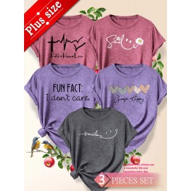 5pcs Plus Size Women's Short Sleeve T-Shirts - Funny & Cute Heart & Joyful Face Print Blouses, Casual Crew Neck Breathable Tops for Spring Summer Casual Attire, Office & Vacation Outfits - 1XL-5XL (5-Shirt) Year-Round Casual
