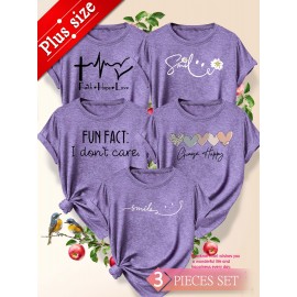 5pcs Plus Size Women's Short Sleeve T-Shirts - Funny & Cute Heart & Joyful Face Print Blouses, Casual Crew Neck Breathable Tops for Spring Summer Casual Attire, Office & Vacation Outfits - 1XL-5XL (5-Shirt) Year-Round Casual