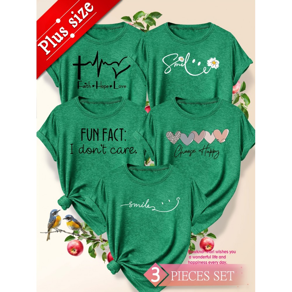 5pcs Plus Size Women's Short Sleeve T-Shirts - Funny & Cute Heart & Joyful Face Print Blouses, Casual Crew Neck Breathable Tops for Spring Summer Casual Attire, Office & Vacation Outfits - 1XL-5XL (5-Shirt) Year-Round Casual