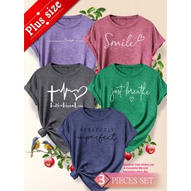 5pcs Plus Size Women'S Tops | Courage Heartbeat Just Breathe Pattern Print, Literary Style, Casual Versatile Round Neck, Comfortable Breathable, Oversized Loose Fit, 1XL-5XL Size