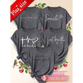 5pcs Plus Size Women'S Tops | Courage Heartbeat Just Breathe Pattern Print, Literary Style, Casual Versatile Round Neck, Comfortable Breathable, Oversized Loose Fit, 1XL-5XL Size