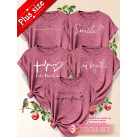 5pcs Plus Size Women'S Tops | Courage Heartbeat Just Breathe Pattern Print, Literary Style, Casual Versatile Round Neck, Comfortable Breathable, Oversized Loose Fit, 1XL-5XL Size