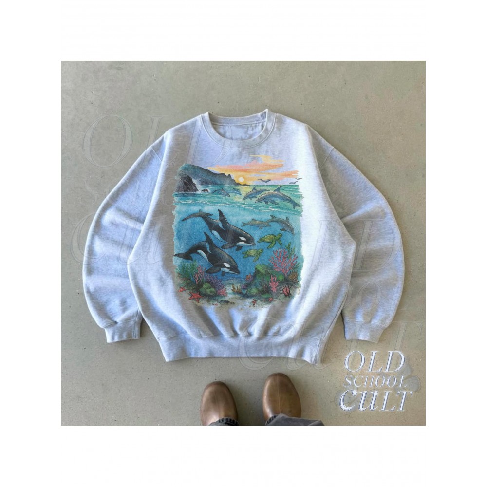 Orcas Sunset Sea Scene Vintage 90s Shipping Ornament, Retro Ocean Dolpin Sweater, Cute Sea Turtle Sweater, Ocean Gifts, Cozy Warm Unisex Sweater