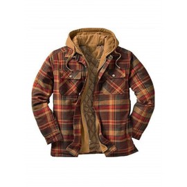 Men'S Heavyweight Thermal Insulated Hooded Jacket - Winter Coat with Full-Zip Closure, Relaxed Fit Plaid Outerwear, Full-Zip Front, & Warm Insulation for Cold Weather, Casual & Formal Outfits (Brown/Red/Tan) - Ideal for Everyday & Formal Events