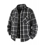 Autumn-Winter Men's Fashion Flannel Shirt with Turn- Collar and Button Plaid Shirt Jacket, Long Sleeve Warm with Pockets, Suitable for Casual Outings