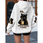 Plus Size Women'S Oversized Hoodie with Whimsical Cat & Coffee Print - Lightweight Pullover, with Golden Lettering & Cat Design, Kangaroo Pocket & Drawstring Hood, Machine Washable Casual Sweatshirt for Casual Attire, Cozy All-Season (Cat Lovers Gif