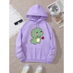 Women'S Cute Green Dinosaur & Heart Print Hoodie - Soft Long Sleeve Sweatshirt with Drawstring Hood, Cozy Casual Pullover for Autumn Winter, Cute Dinosaur Pocket Design, Regular Fit Casual Attire (Pastel Colors Available)