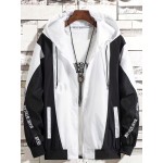 Men'S Color Block Hooded Trench Coat with Red/ Contrast Sleeves & Body - Casual Modern Jacket, Geometric Pattern, Regular Fit, Adjustable Hood & Zipper Closure, Versatile Outerwear for Teens & Young Adults, All-Season Durable Coat